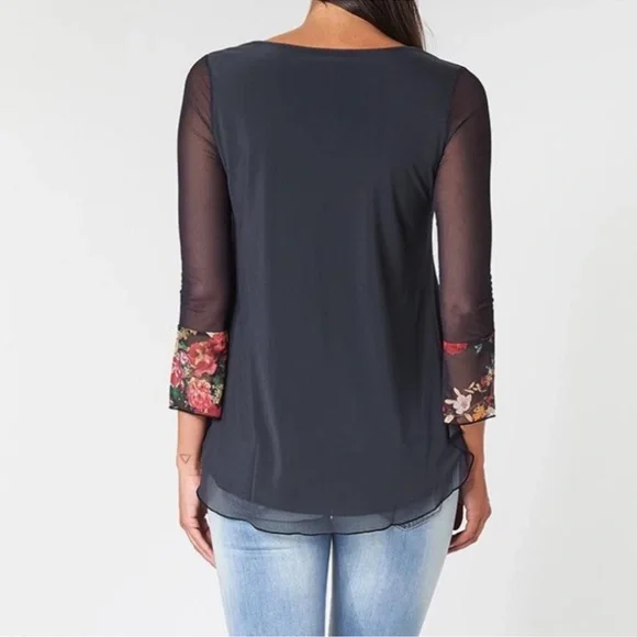 Desigual O’Hara Sheer Sleeve Floral and Rhinestone Hem Lined Flowy Blouse - Picture 2 of 11